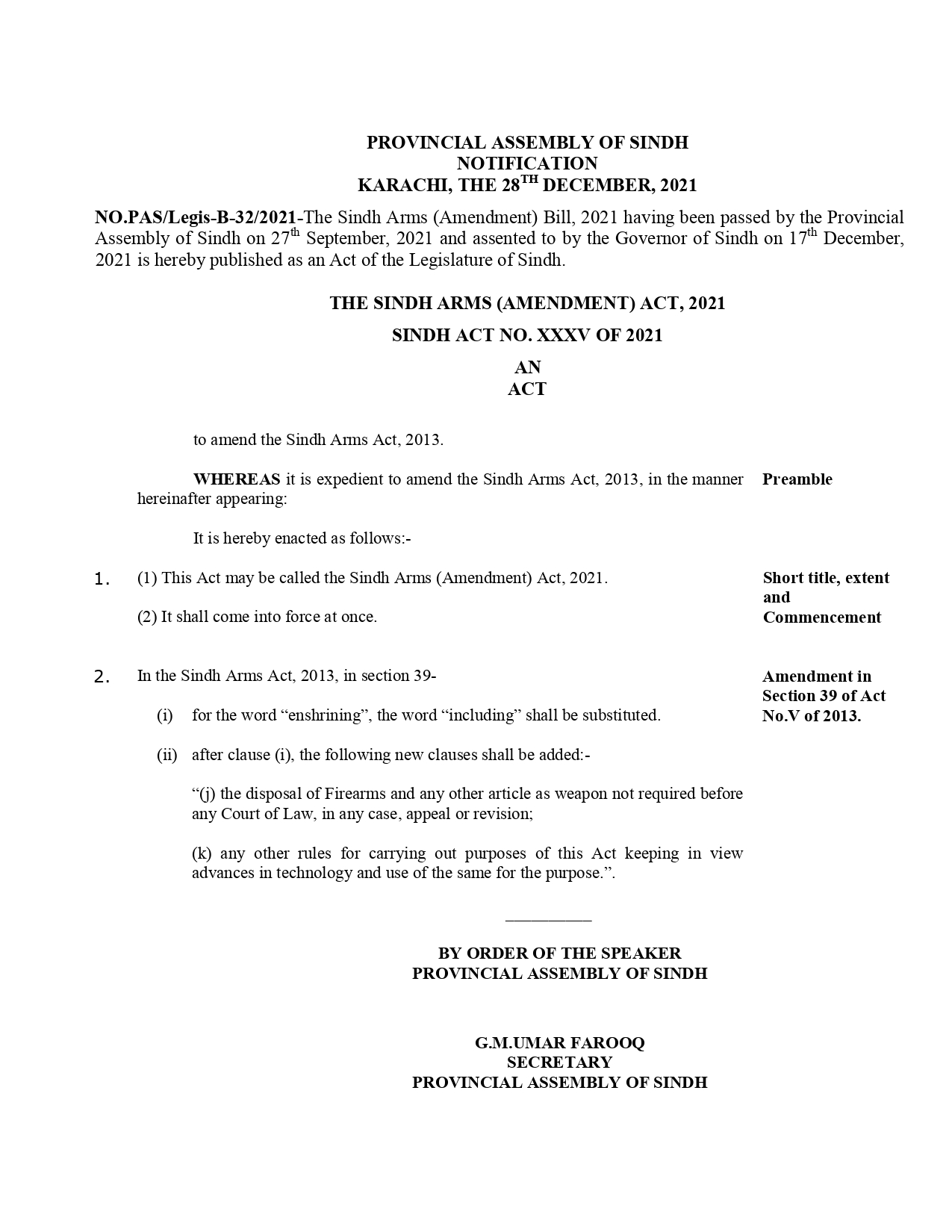 The Sindh Arms (Amendment) Act, 2021