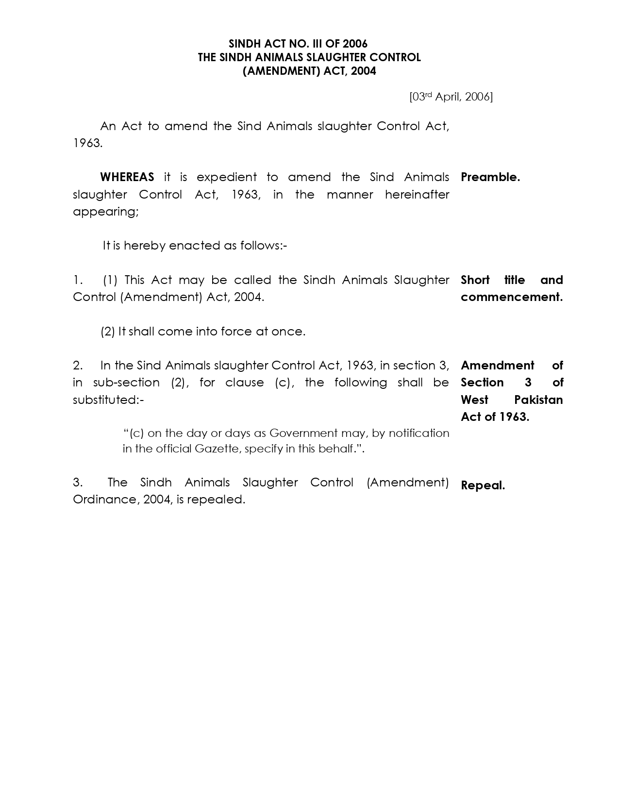 The Sindh Animals Slaughter Control (Amendment) Act, 2004
