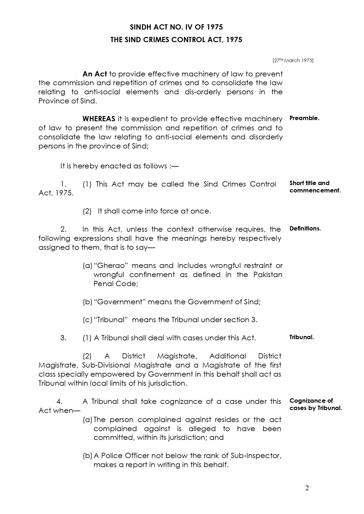 The Sindh Crimes Control Act, 1975